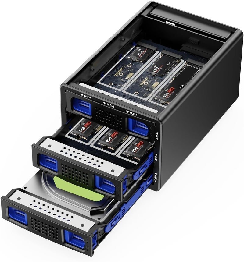 cenmate Hybrid 2.5/3.5" SATA HDD/SSD+6* M / B+M Key M.2 NVMe Enclosure with Cooling Fan and USB A/C 3.2 Gen 2, Hard Drive Enclosure Support 70TB(22TB HDD+6*8TB 2230/2242/2260/2280/22110 SSDs) - Image 1